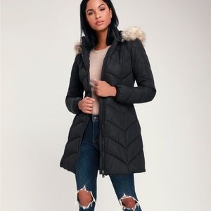 Weather the Storm Black Hooded Midi Puffer Coat w/o faux fur piece